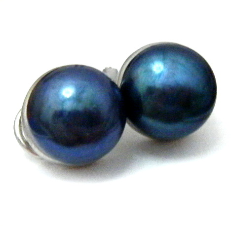 Blue Black 11mm Pearl Silver Clip Earrings